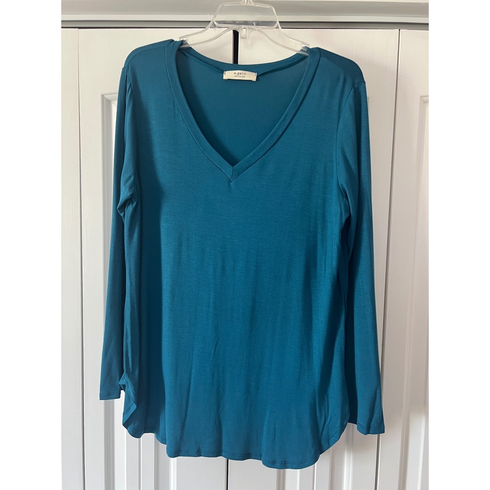 a.gain Womens 2XL Teal Blue V-Neck Long Sleeve T-Shirt Rayon Spandex 10180LP